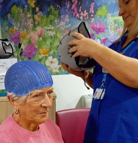 Arlene wearing a cold cap